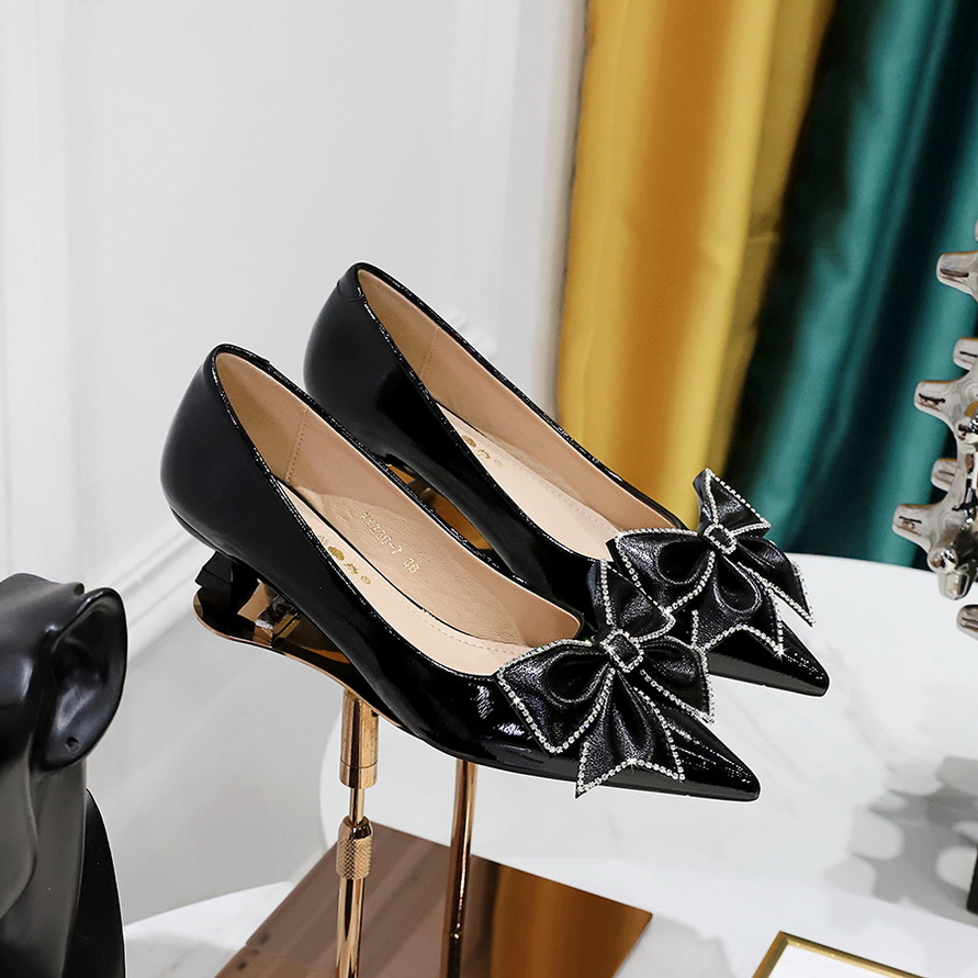 230-H53 Korean Edition Fashion Light Luxury Banquet Low Heel Shallow Mouth Pointed Water Diamond Bow Single Shoes Women's Banquet Women's Shoes