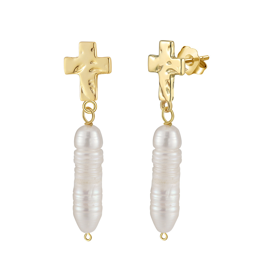 6g Weight 0.03µm Gold Plating Thickness Strict Selection December New Distressed Cross New S925 Sterling Silver Baroque Strip Natural Pearl Earrings