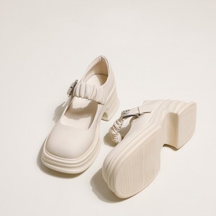 Thick-Soled White Mary Jane Leather Shoes for Women 2025 Spring and Summer New Style Shallow Mouth Jk Flats for Small People