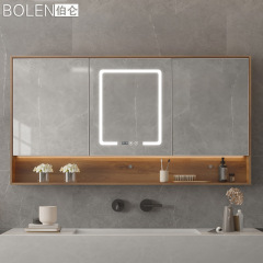 BOLEN伯倫スマートLEDライト付きオープングリッド鏡棚壁掛け式浴室鏡収納棚トイレ鏡
