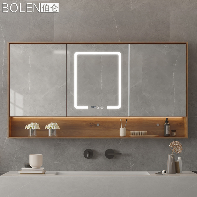 BOLEN伯倫スマートLEDライト付きオープングリッド鏡棚壁掛け式浴室鏡収納棚トイレ鏡|undefined