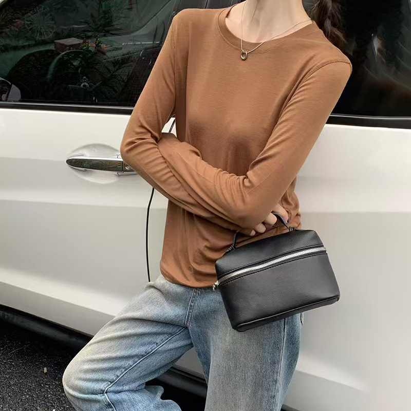 秋季新高级感高弹软糯纯色圆领长袖正肩打底衫女内搭打底T恤上衣|undefined