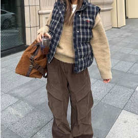美式复古格纹无袖马甲棉服加绒宽松秋冬款男女复古叠穿外套上衣潮