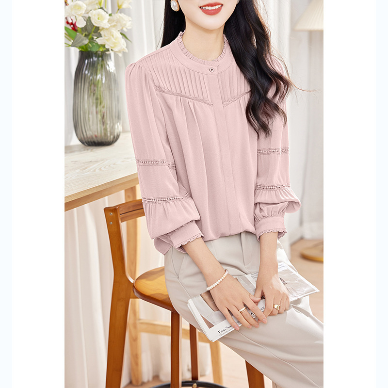 2026 Spring New European and American Style Lace Pleated Silk Long-Sleeve Shirt with Solid Color Design and Lantern Sleeves 2026 Spring New European and American Style Lace Pleated Silk Long-Sleeve Shirt with Solid Color Design and Lantern Sleeves