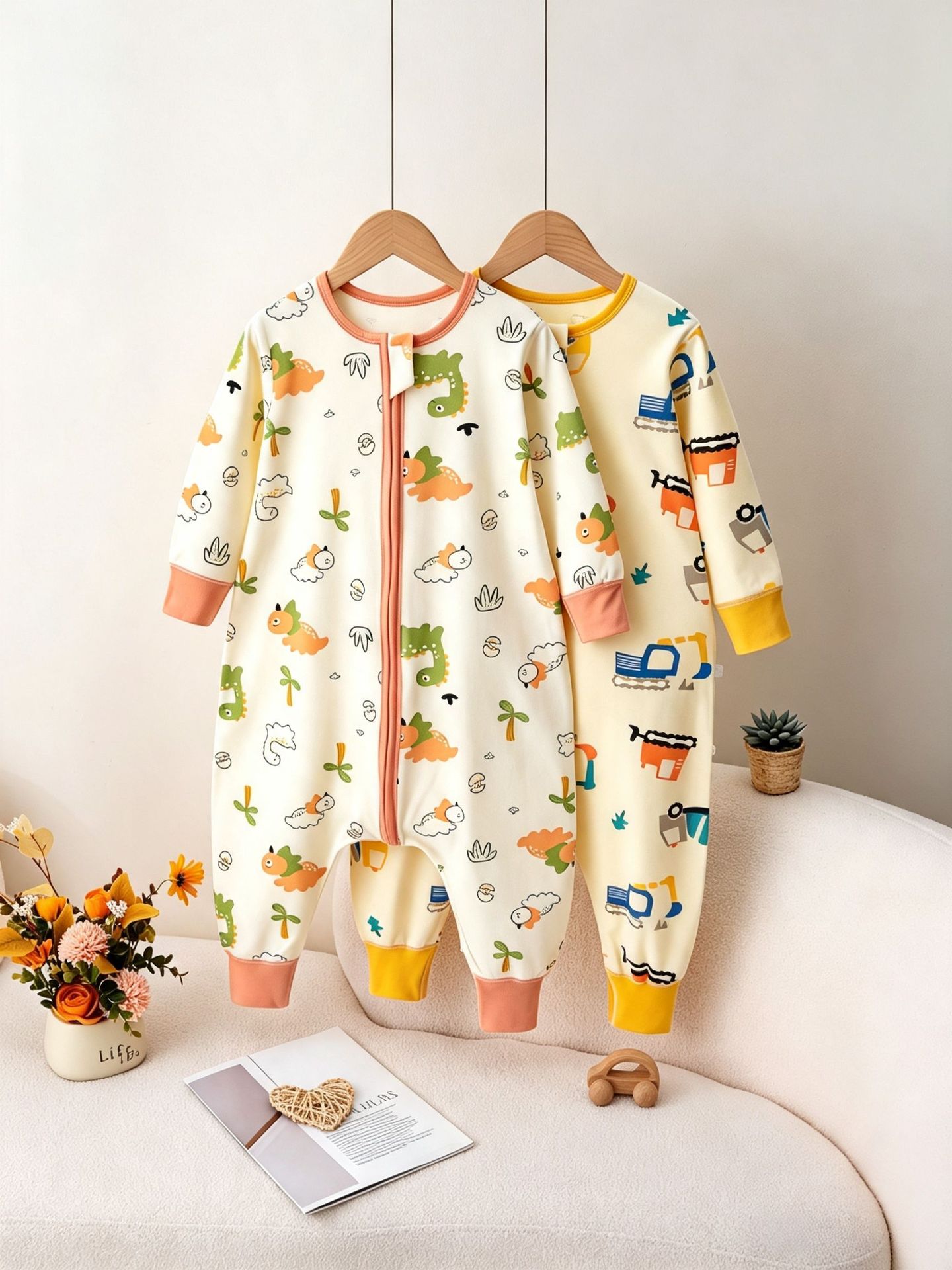 Pure cotton children's sleeping bag, all-season baby one-piece pajamas, infant split-leg home wear, three-way zipper anti-kick sleepwear
