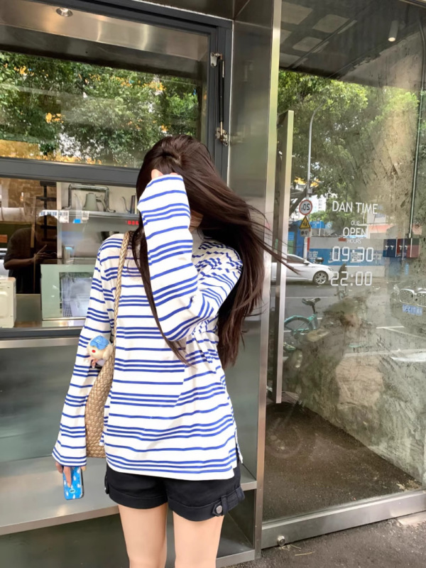 韩系设计感蓝条纹针织polo衫翻领正肩简约显瘦T恤上衣女|undefined