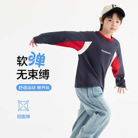 2026新款拼接撞色T恤圆领上衣男童秋季儿童时尚潮流美式印花长袖