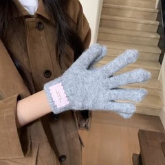 新款针织毛线手套女纯色短款字母标学生可触屏分指手套秋冬季