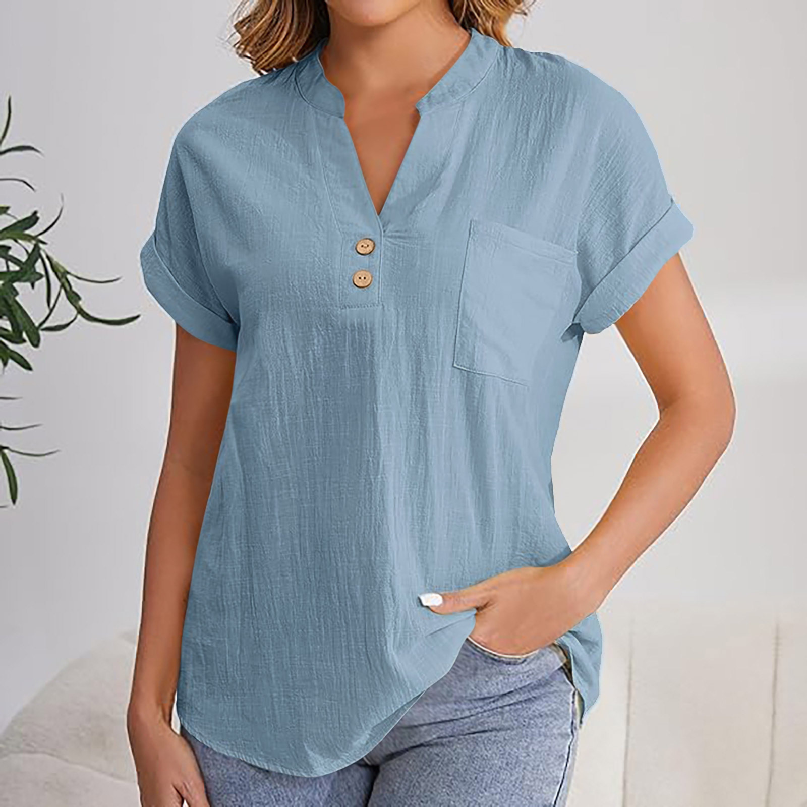2025 European American Summer Solid Color Buttoned Short-sleeve Women's Shirt, Cotton-linen, Washed, Wrinkled,_ecoleips.com