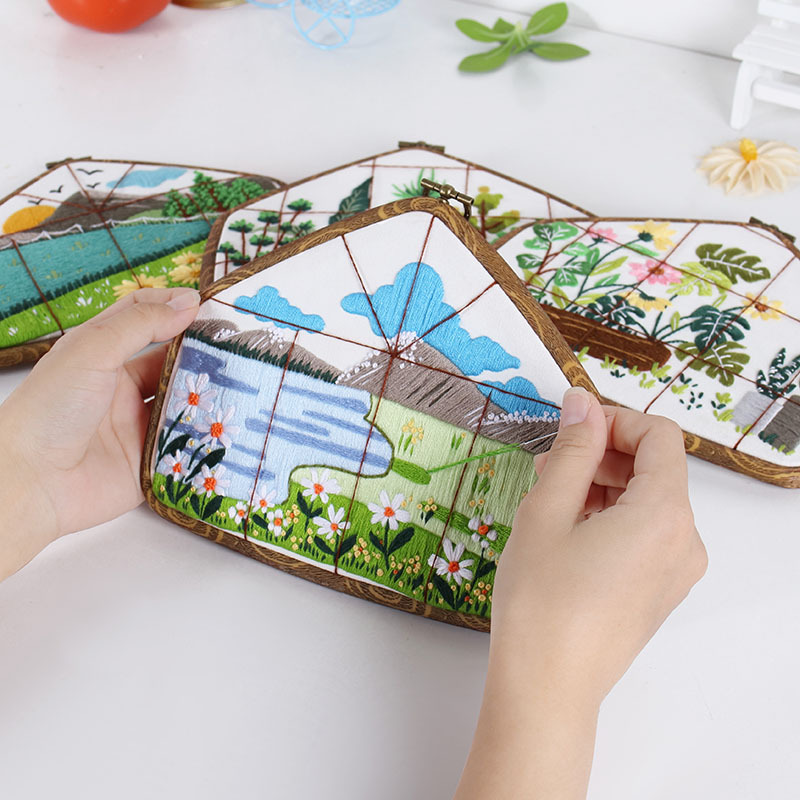 Paisaje bordado DIY material paquete hecho a mano flores y hierbas tela europea estereoscópico antiguo pinturas colgantes en inglés transfronterizo