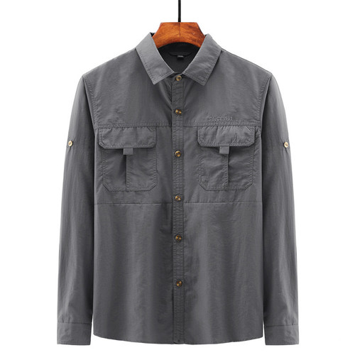 Men's Long-Sleeve Quick-Dry Shirt for Spring and Summer, Outdoor Breathable Loose Work Shirt, Thin Quick-Dry Clothing with Printed Logo