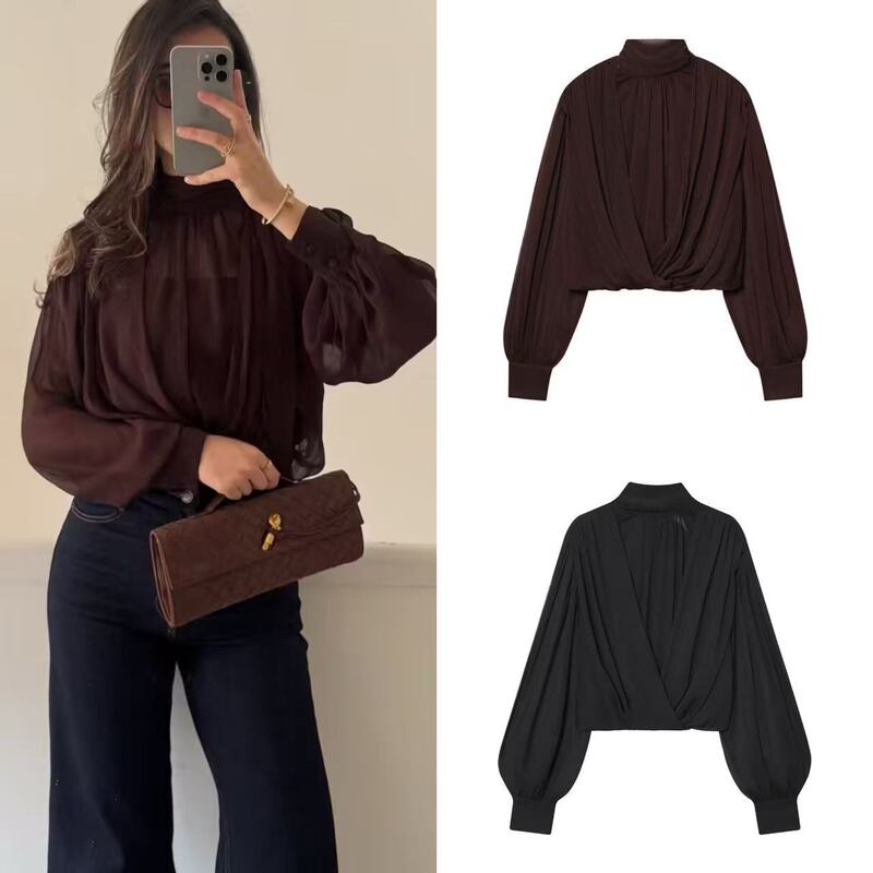 European and American style popular casual shirt for women, high-end pleated semi-transparent balloon-style top 3666187