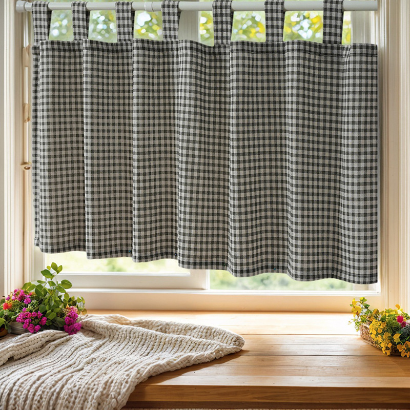 Foreign Trade Cross-Border Simple Finished Plaid Short Curtain Punch-Free Cotton and Linen Coffee Curtain Half Curtain Kitchen Bedroom Bathroom Curtain