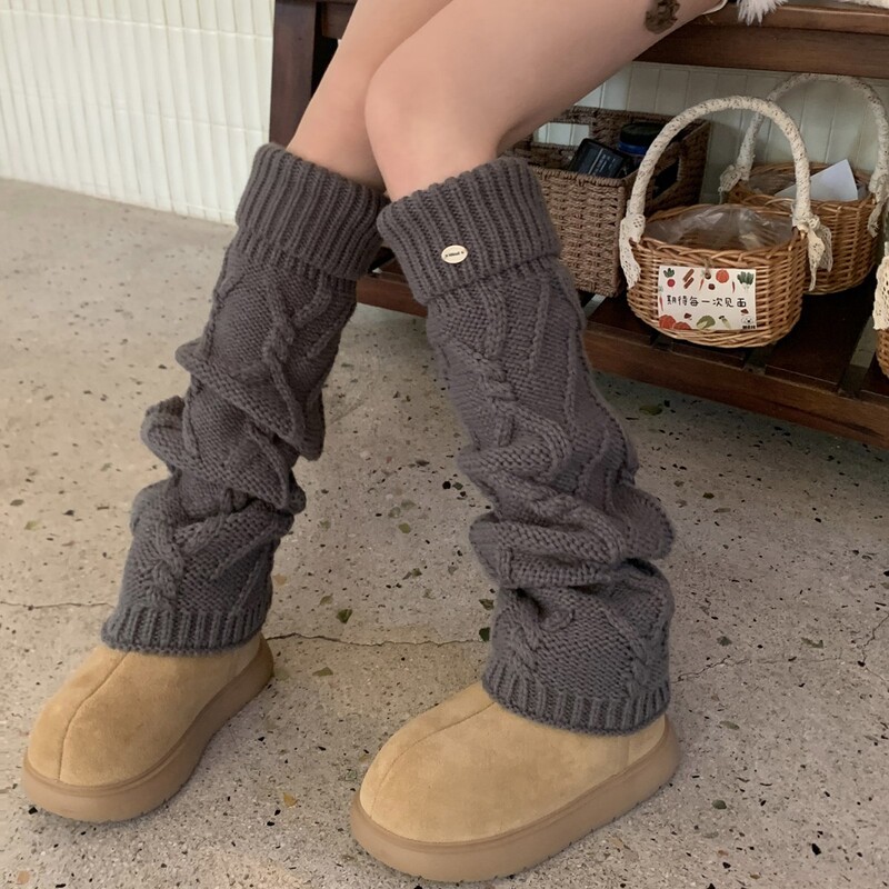 Gray Twisted Socks for Autumn and Winter, Thickened and Warm Korean-Style Thick-Thread Knitted Cuffed Leg Warmers, Slouch Socks, Solid Color Calf Socks
