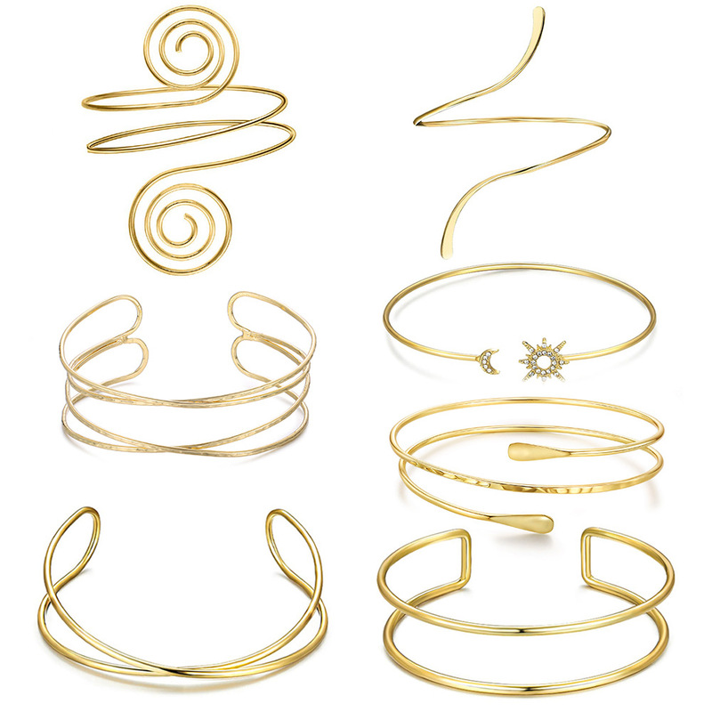 European and American Cross-Border Women's Fashion Armband Seven-Piece Set Gold Two-Color Upper Arm Gold Geometric Note Open Bracelet European and American Cross-Border Women's Fashion Armband Seven-Piece Set Gold Two-Color Upper Arm Gold Geometric Note Open Bracelet