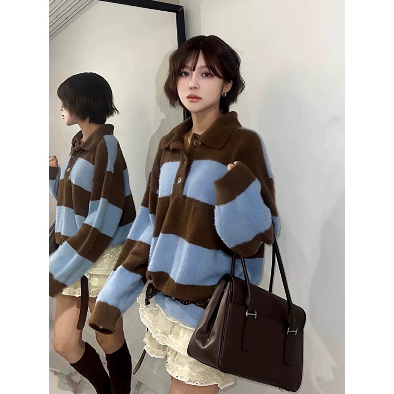 Korean Designer Retro Lazy Style Contrasting Striped Imitation Mink Fur Soft Waxy Lapel Sweater for Women