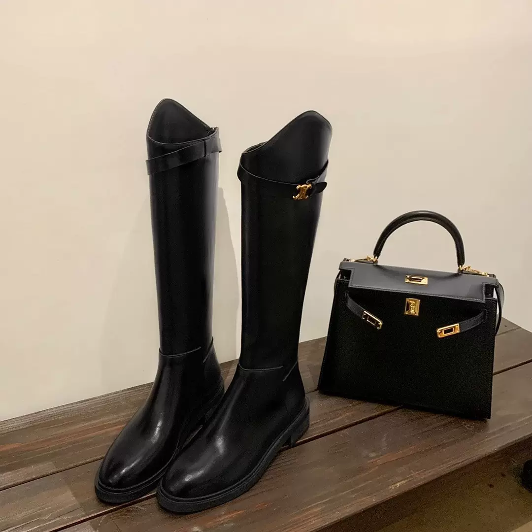 现货秒发！苏茵茵同款真皮斜口凯旋门扣带粗跟高筒骑士靴女长靴秋