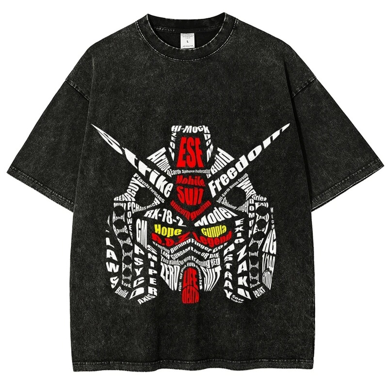 Gundam Rx-78-2 T-Shirt for Men with Cloud Art, Vintage Acid-Washed Mecha Streetwear, Oversized Retro Japanese Style