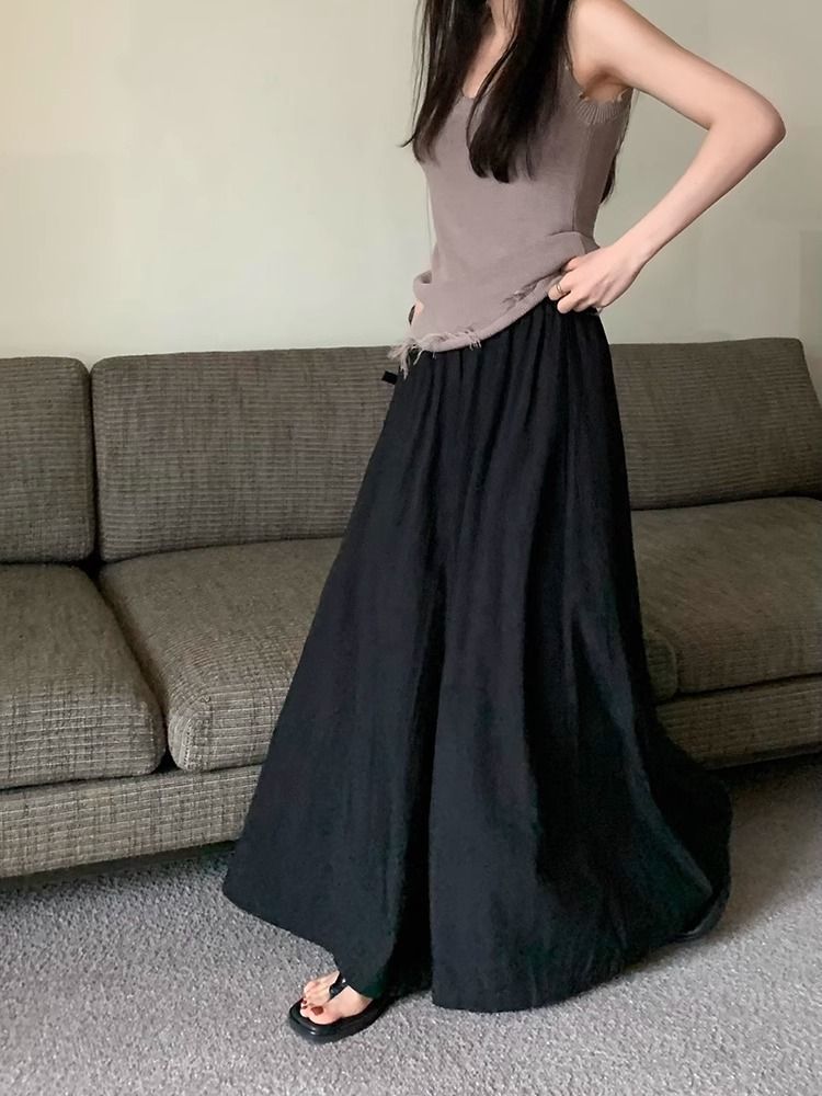 Textured casual trousers for women new retro high waist slim design solid color wide leg skirt pants_voghion.com