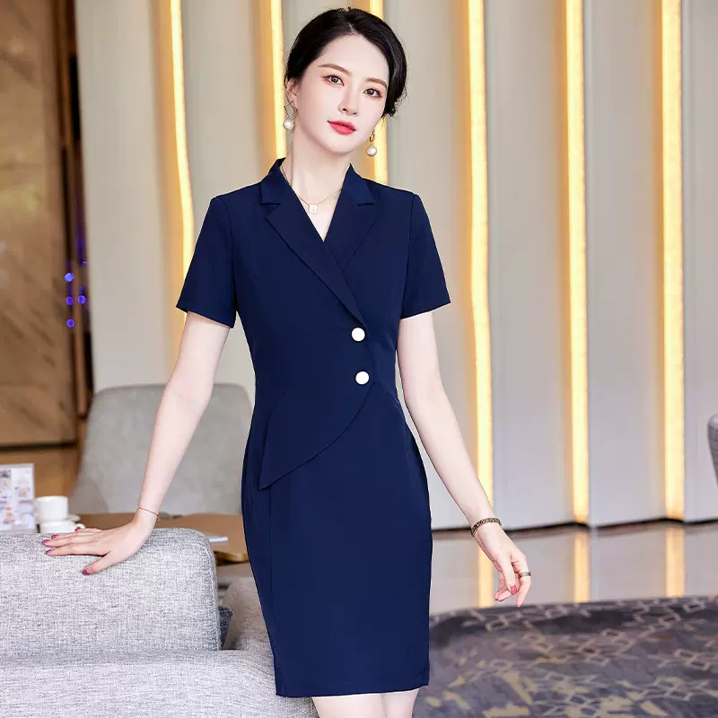 东莞定制显瘦短款裙子女2023夏时尚西装领包臀白领职业连衣裙短袖