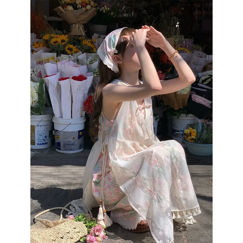 Комплект праздничного ветра женский новый летний сладкий нежный длинный солнцезащитный блузка цветочный слинг платье из двух частей