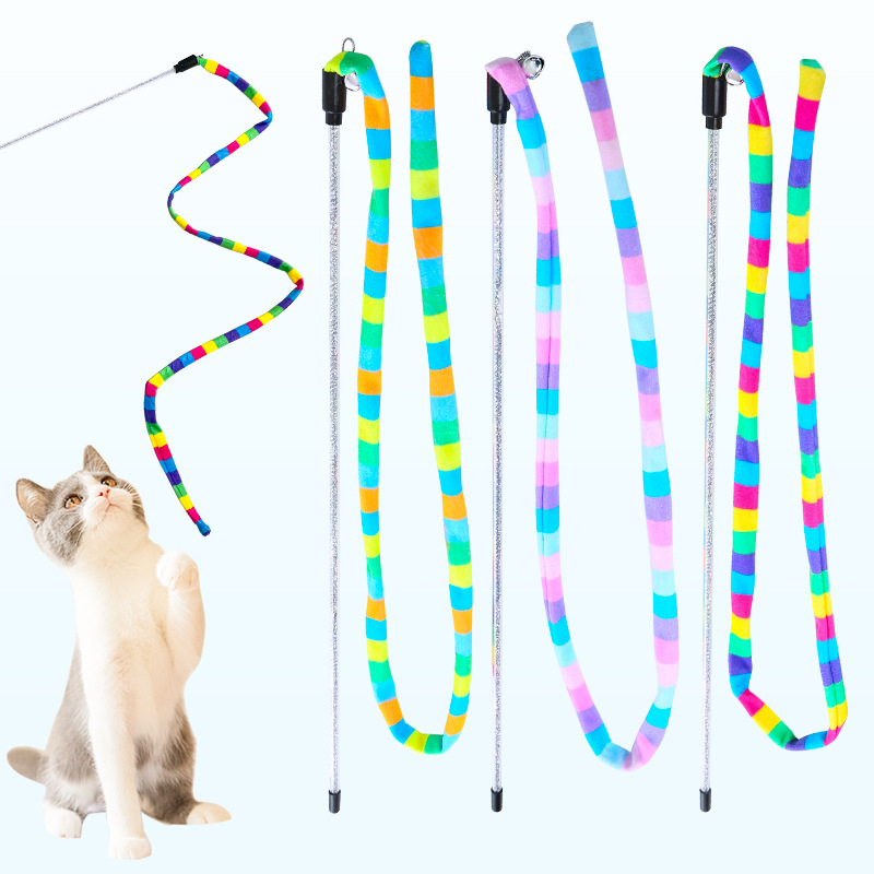 彩虹布条长条逗猫棒宠物用品长杆金葱条猫玩具跨境批发工厂现货