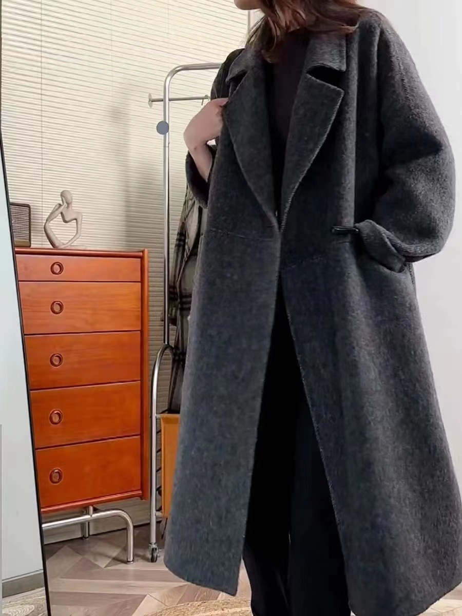 Damen Wollmantel Mit Hornknöpfen Lang Doppelseitig Modisch_voghion.com