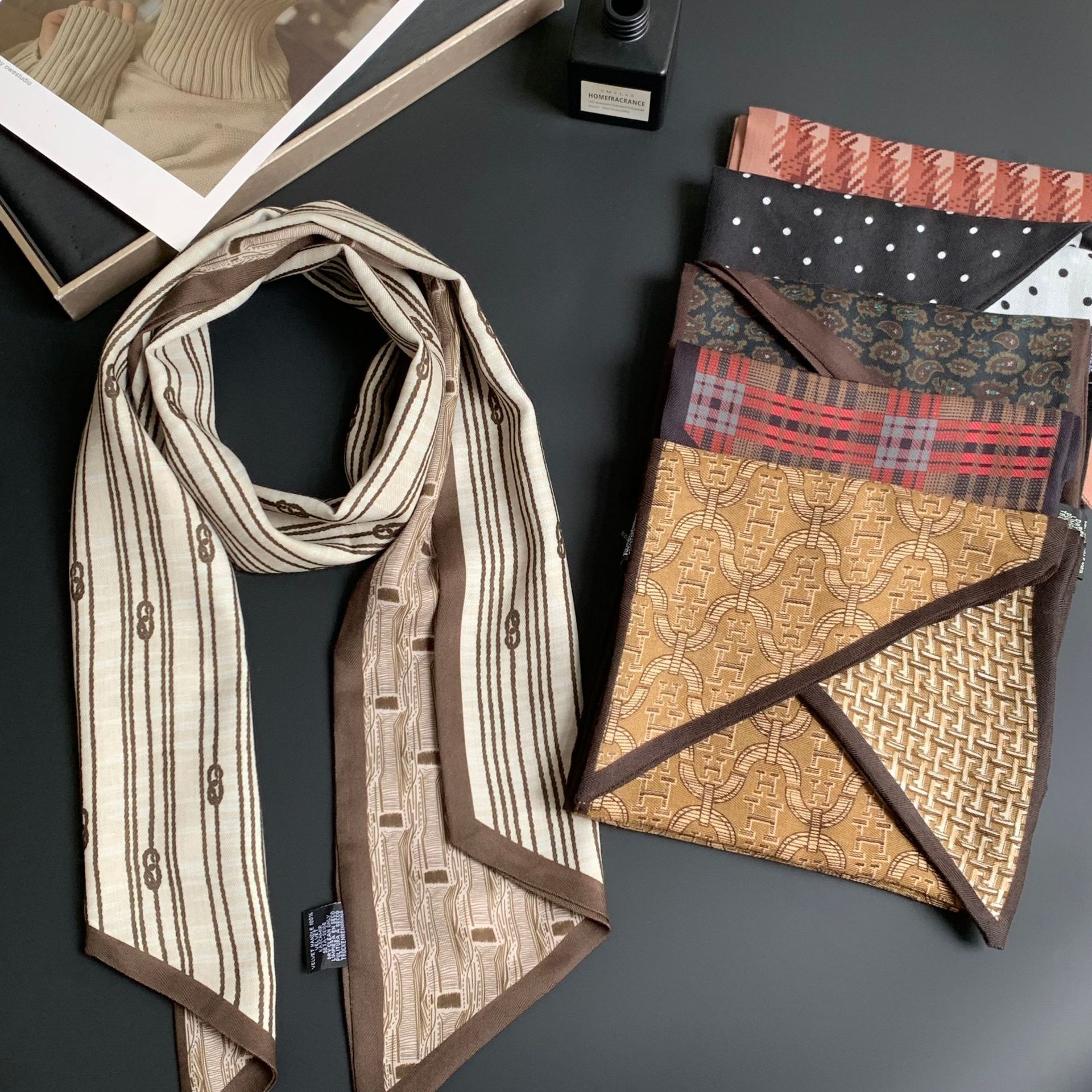 Pañuelo de seda, tira larga, sentido avanzado, nuevo estilo, bufanda pequeña para el cuello, pañuelo floral, cinturón de decoración literaria de todo fósforo pastoral femenino de verano