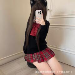 JK制服風小判格子柄スカートスーツ レディース 重ね着 長袖プルオーバーセーター 学生服風ニットジャケット ガーリースタイル