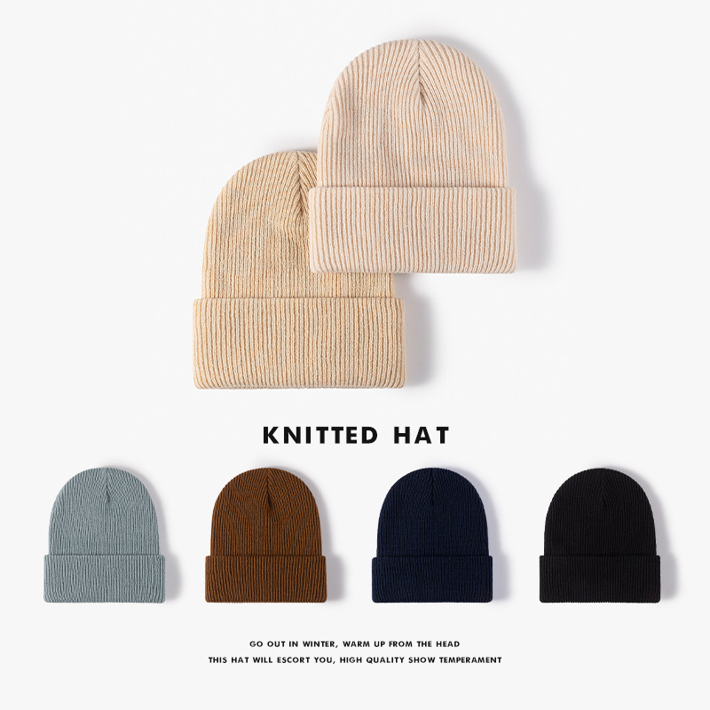 Knitted Hat for Autumn and Winter, Unisex Outdoor Versatile Plain Jacquard Beanie, Fashionable Warm Thick Black Knit Hat Wholesale