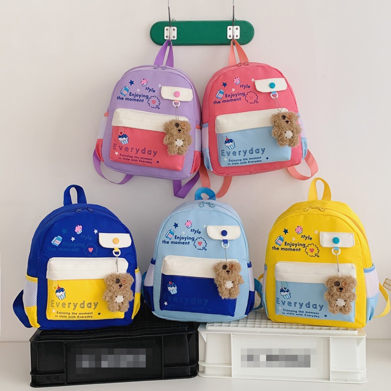 Mochila infantil infantil de letras extranjeras, lindos colgantes de oso, mochila para niños y niñas, nueva moda de mochila infantil.