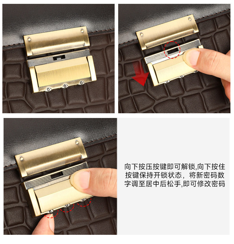 Cặp công sở nam da bò thật khóa mật mã chống trộm, túi đeo chéo xách tay đựng laptop 14 inch — Họa tiết dập nổi màu nâu cà phê, Màu cà phê, màu đen, Đen dập nổi chi tiết 31