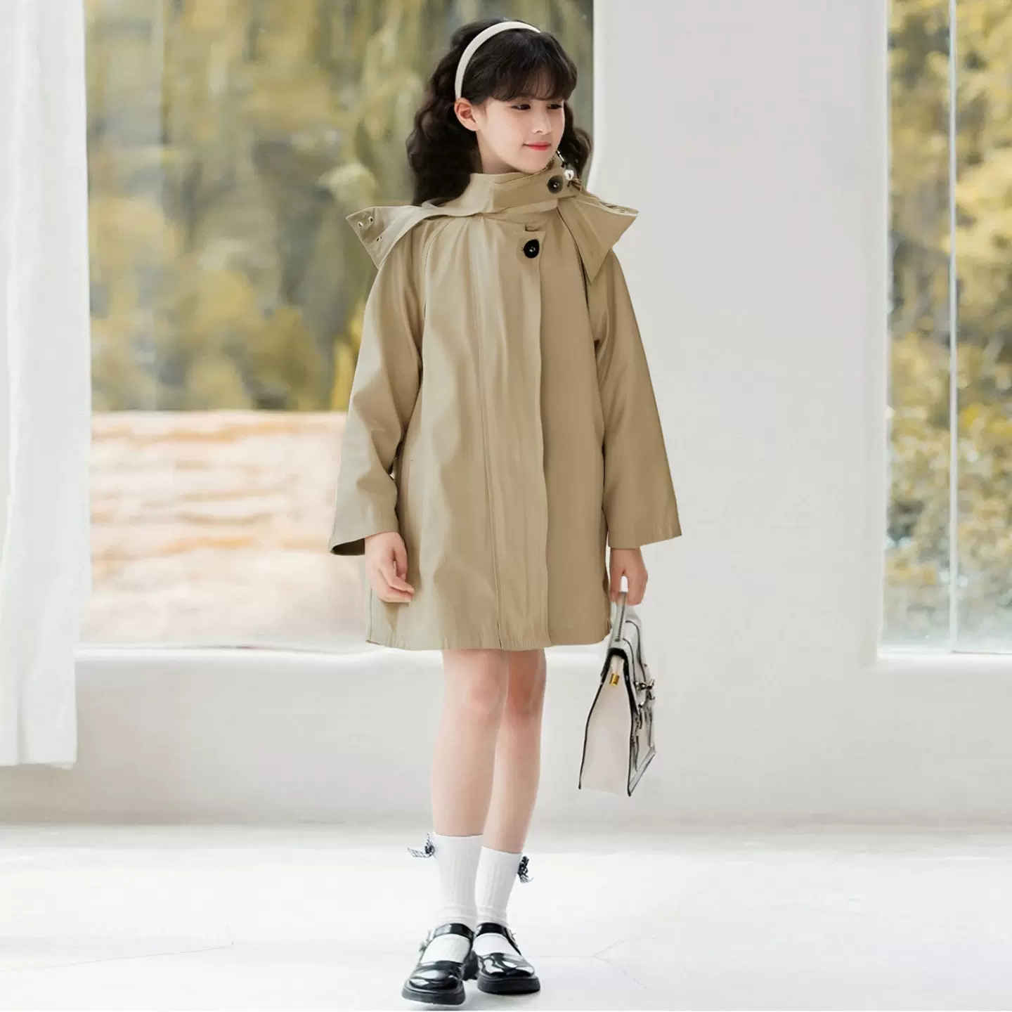 女大童风衣外套中长款2025新款儿童洋气春秋装女孩卡其色高级大衣