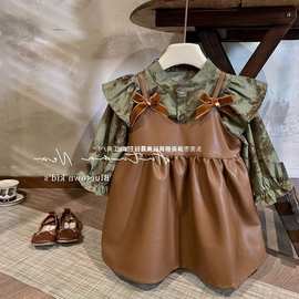 女童初秋网红超萌韩版女宝宝飞边袖衬衫十蝴蝶结皮裙两件潮