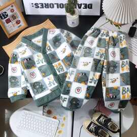 儿童睡衣男女童法兰绒秋冬季双面绒加绒卡通中大童开衫家居服保暖