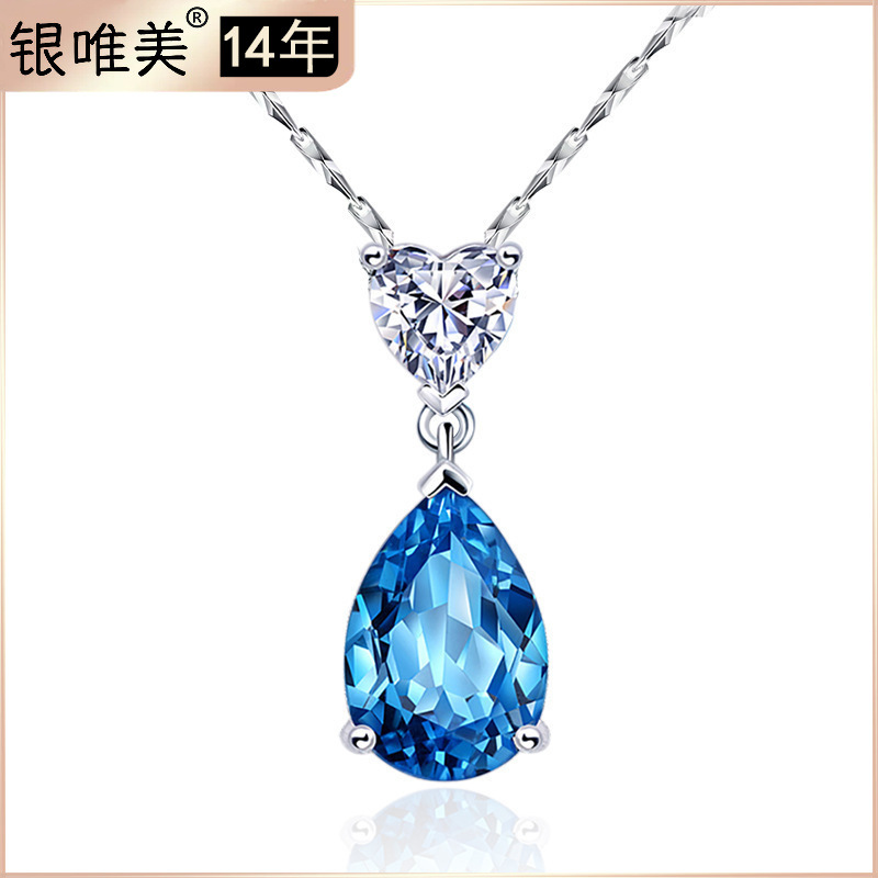 S925纯银蓝水滴吊坠天然托帕石水晶项链欧美复古轻奢饰品批发礼物