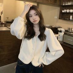 春秋款新款韩版气质V领花边甜美百搭肌理感别致小众衬衫女士上衣
