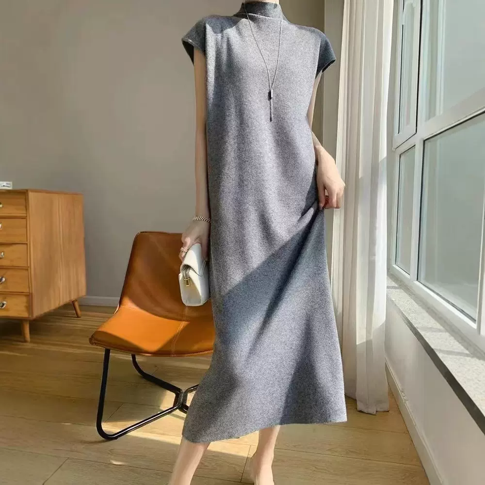 半高领无袖针织连衣裙女2025秋冬季气质中长款过膝保暖打底毛衣裙