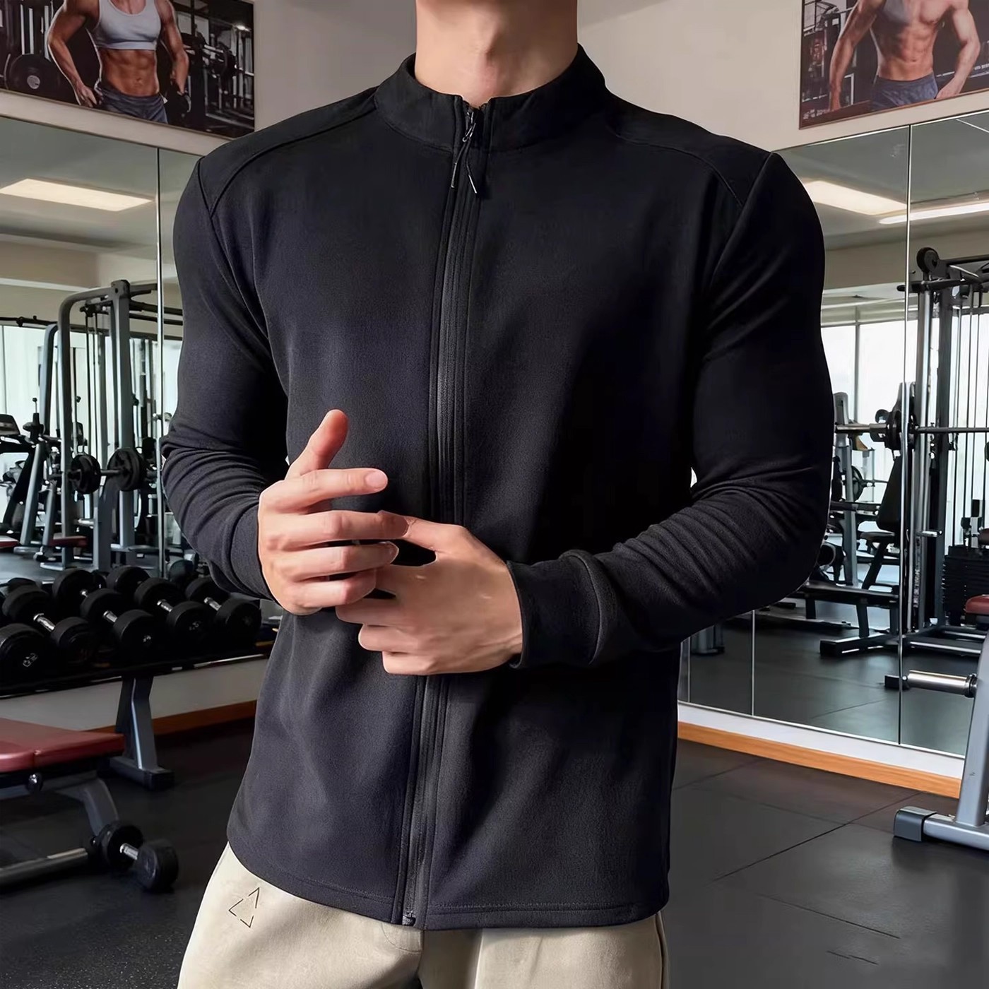 Factory direct black base layer shirt men's autumn and winter fleece-lined fitness sports training long-sleeved stand collar cardigan coat