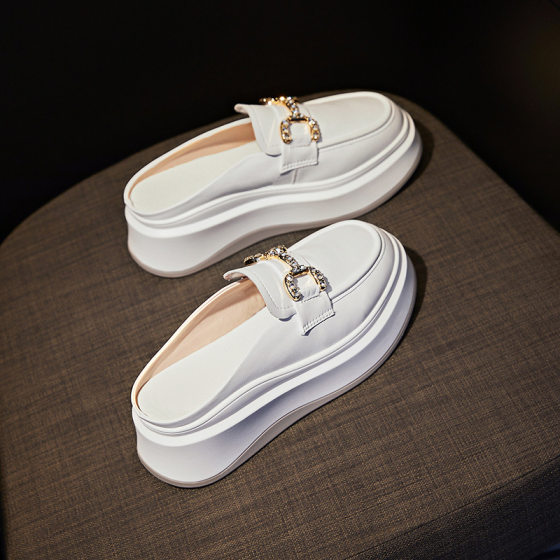 6cm Height-raising Genuine Leather Baotou Half Slippers Women's 2024 Spring New Internet Celebrity Thick-soled Non-heel Lazy Shoes Trendy