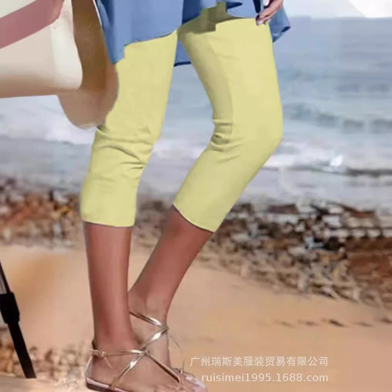 2023 Amazon Aliexpress Summer Women's Plain Casual Popular Leggings (Large Stock) Three-Quarter Length