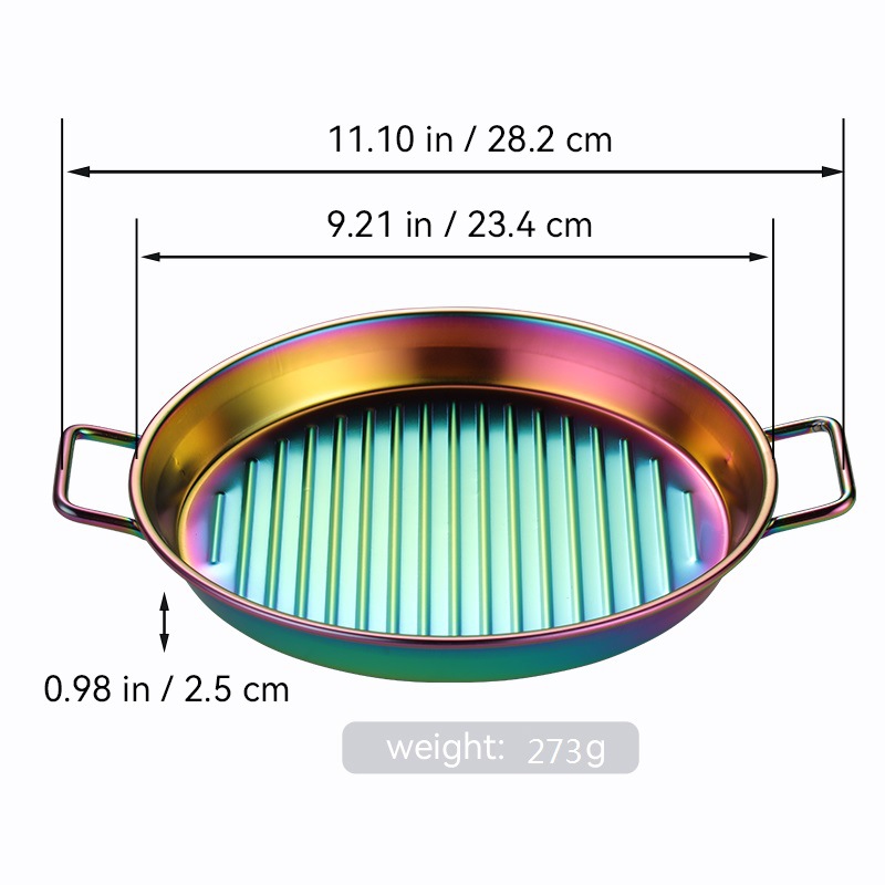 Bandeja redonda de barbacoa de acero inoxidable transfronteriza bandeja de mariscos de doble oreja dorada bandeja de filete bandeja de aperitivos filtrada bandeja de patatas fritas