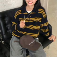 韩系2025秋新款polo领百搭复古条纹羊毛针织毛衣女