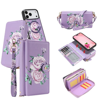 适用iPhone17 17Pro花朵多功能斜跨拉链包手机套苹果13 14 15皮套