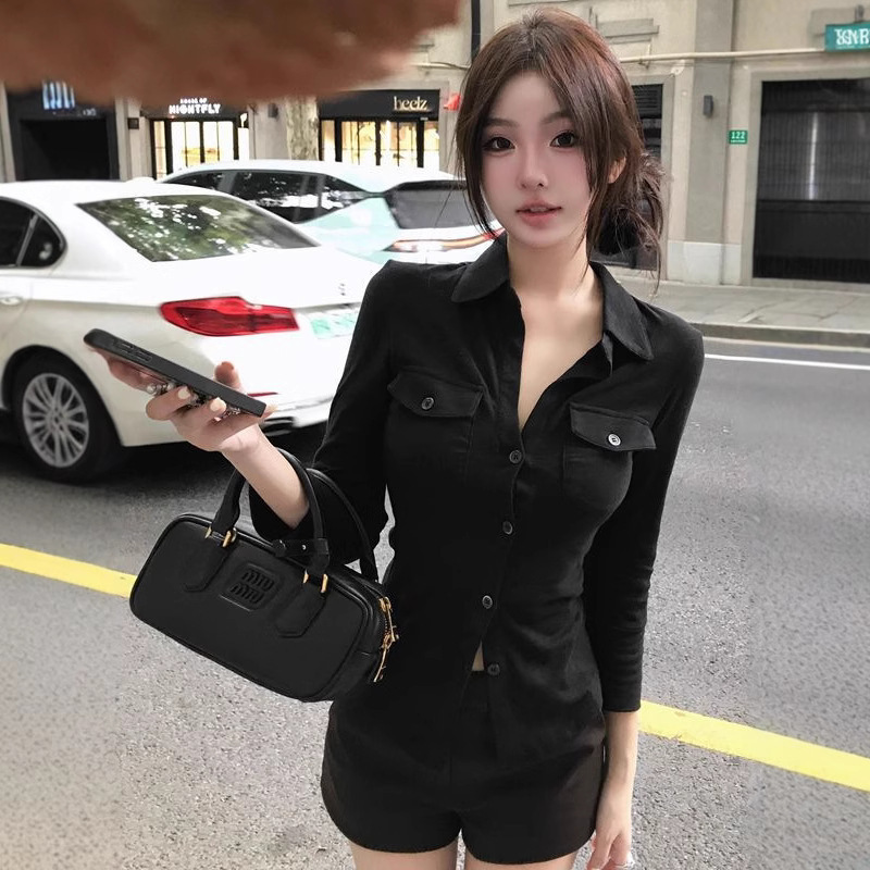 Elegant Pure Style Sexy Lapel Long-sleeved Shirt Women's Spring and Summer Slim-fit Tight Waist Shirt White Cardigan Top Cross-border