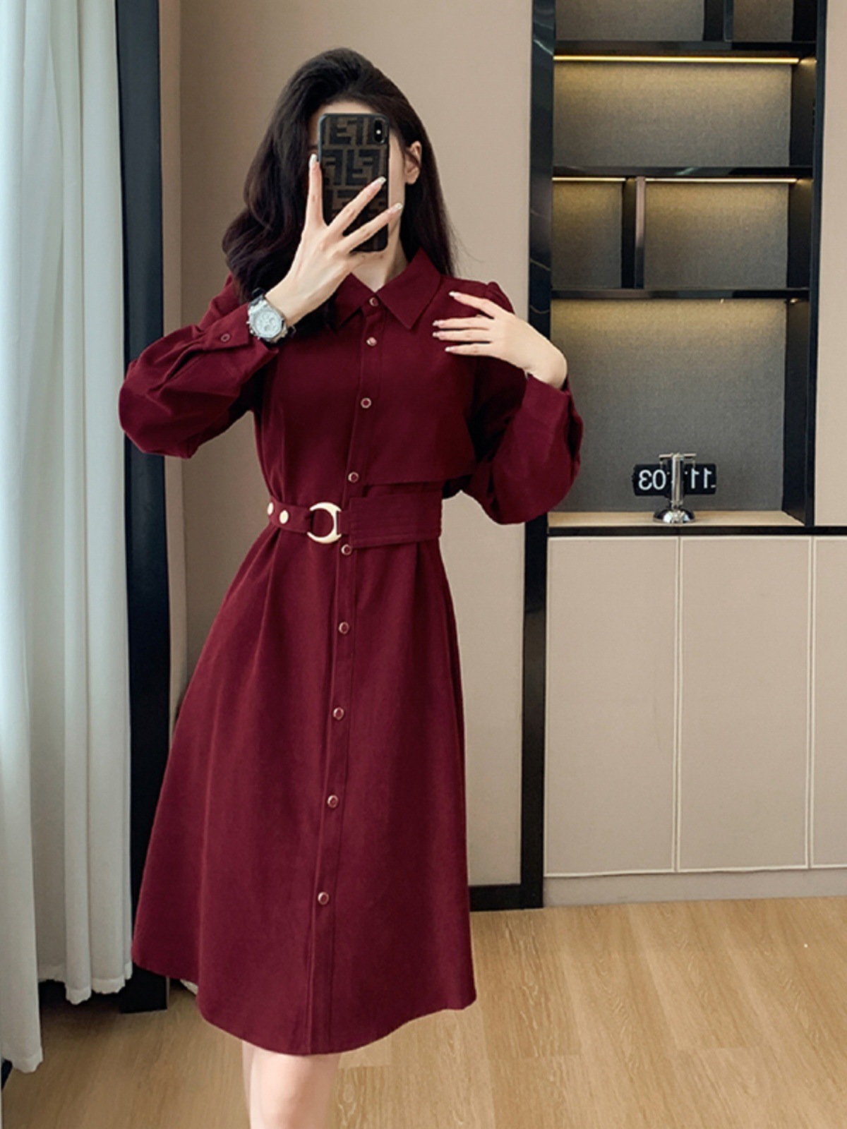 2023秋季新款韩版成熟通勤风高级感气质红色收腰显瘦衬衫连衣裙女