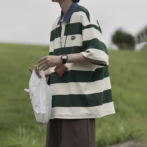 Vintage American-style striped t-shirt for men and women, summer loose and versatile college-style couple's POLO shirt, short-sleeved trendy