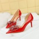 638-AH22 Banquet Women's Shoes Thin Heel High Heel Shallow Notch Pointed Patent Leather Side Hollow Rhinestone Bow Single Shoe