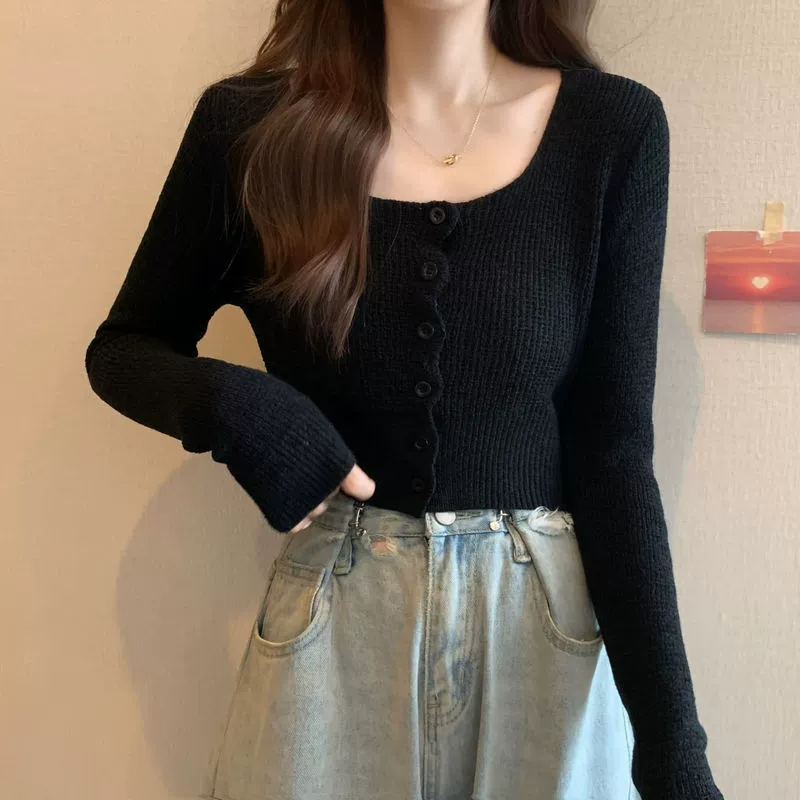 Длинный рукав, осенняя кардиган, короткий свитер, slim fit