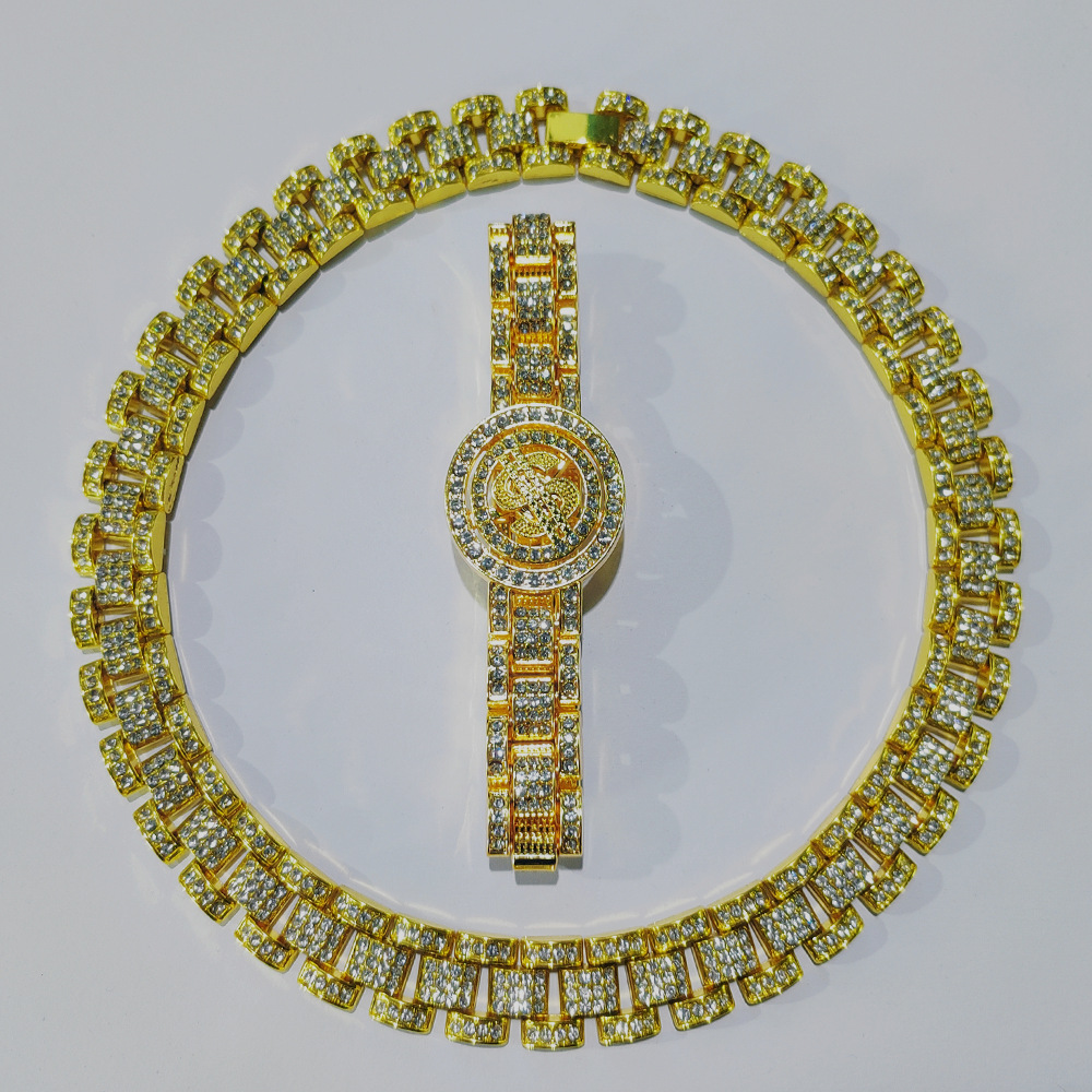 Men's Full Diamond 16MM Tank Chain Rotating Dollar Bracelet Necklace Set Hip Hop Fashion Jewelry_voghion.com